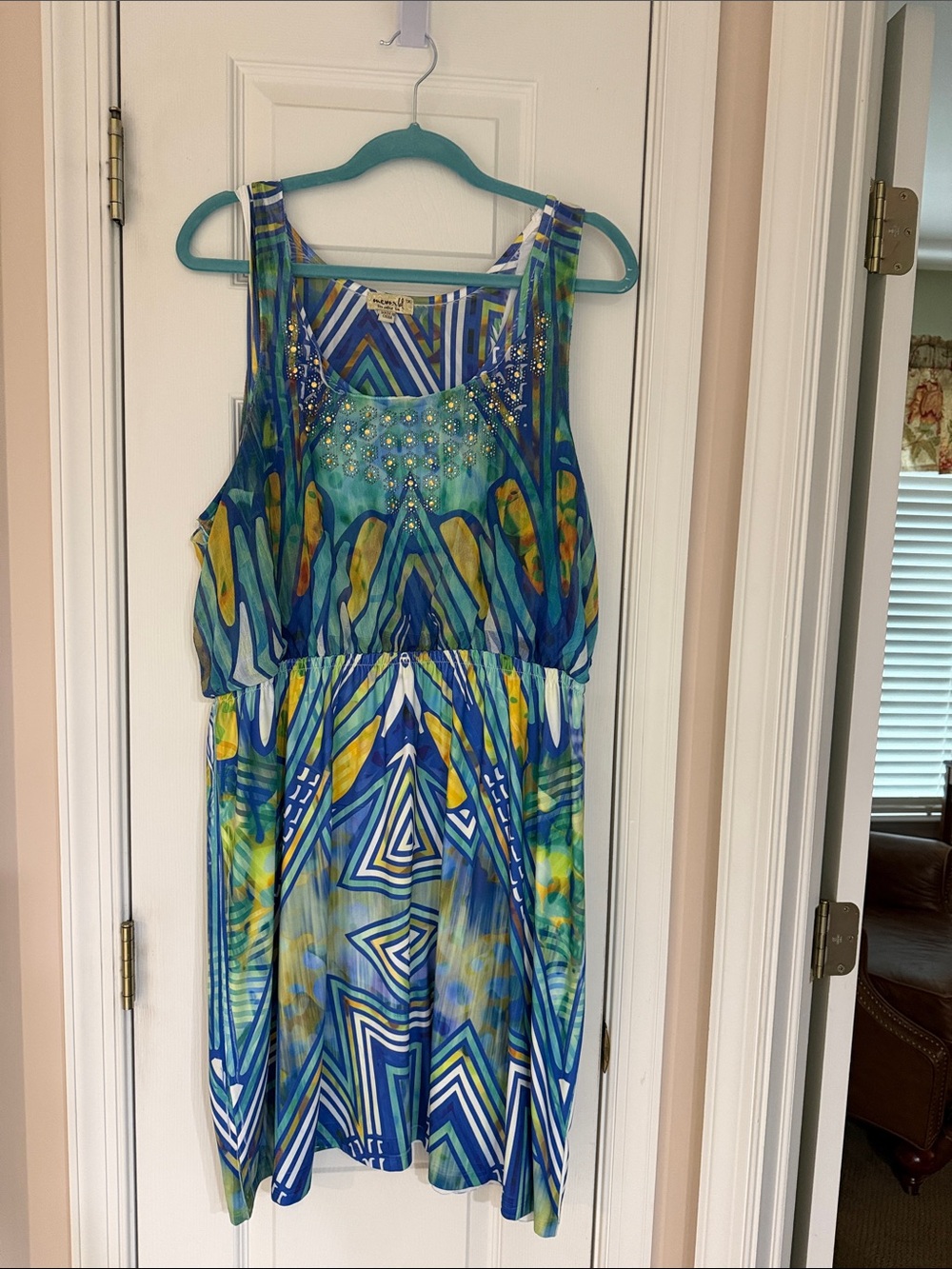 ONE WORLD Beaded Geometric Mini Dress - Blue, Green, Yellow, 1X